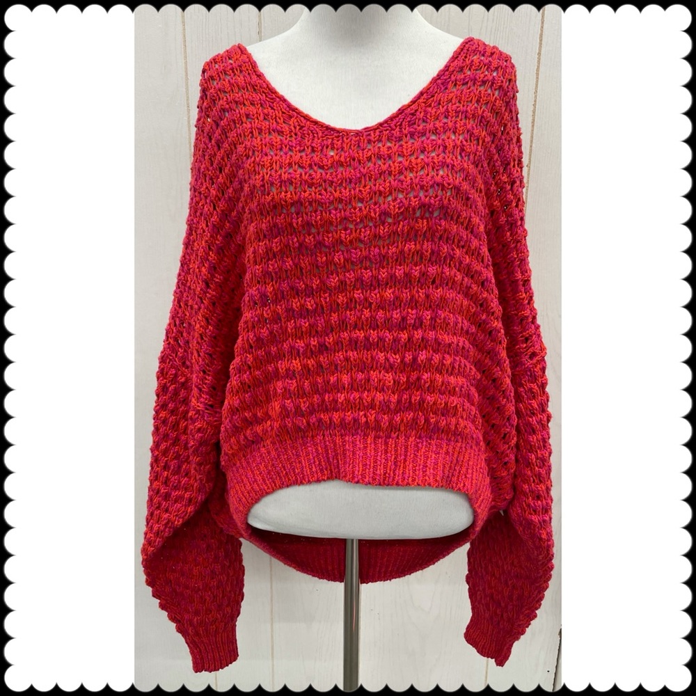 Free People Coconut Loose Weave V-Neck Sweater Dragonfruit Combo Small New